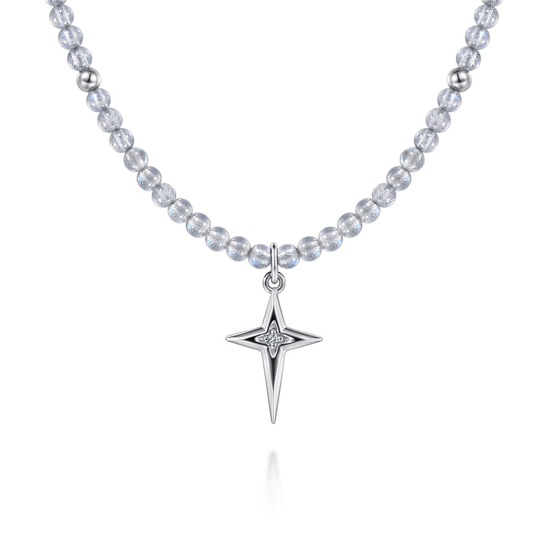 925 Sterling Silver Bujukan Moon Stone Bead and White Sapphire Cross Charm Necklace - Shot 1