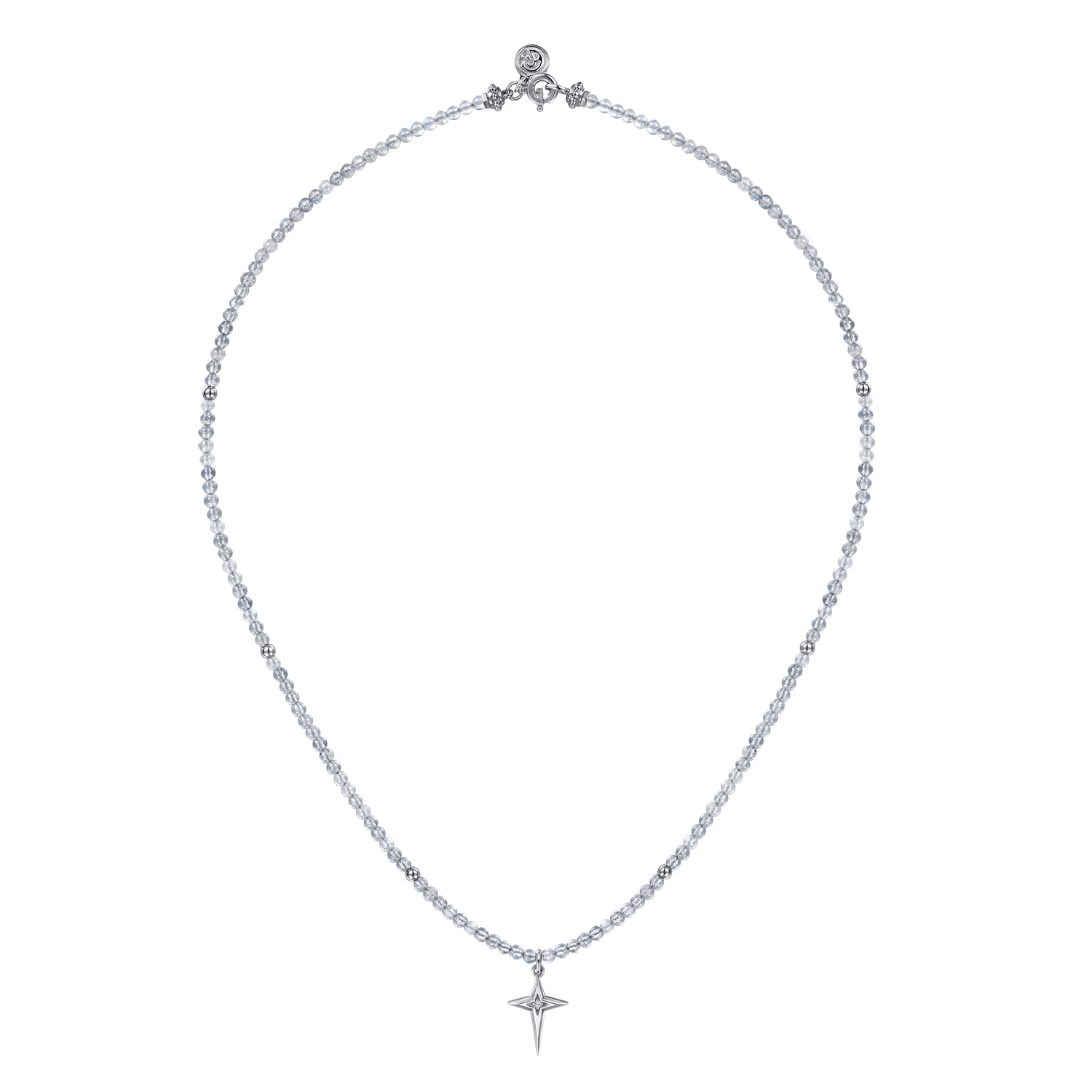 925 Sterling Silver Bujukan Moon Stone Bead and White Sapphire Cross Charm Necklace - Shot 2