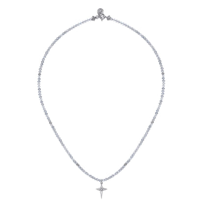 925 Sterling Silver Bujukan Moon Stone Bead and White Sapphire Cross Charm Necklace