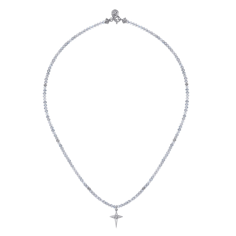 925 Sterling Silver Bujukan Moon Stone Bead and White Sapphire Cross Charm Necklace - Shot 2