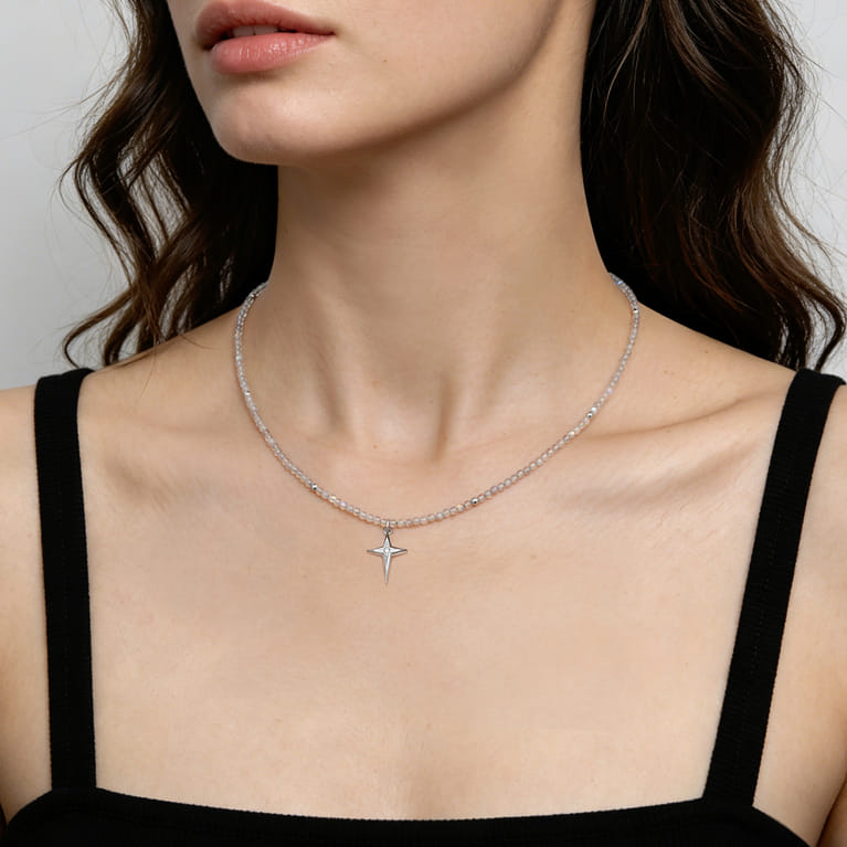 925 Sterling Silver Bujukan Moon Stone Bead and White Sapphire Cross Charm Necklace - Shot 3