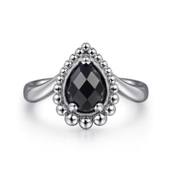 925 Sterling Silver Bujukan Pear Shape Onyx Chevron Ring