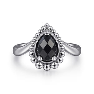 925 Sterling Silver Bujukan Pear Shape Onyx Chevron Ring