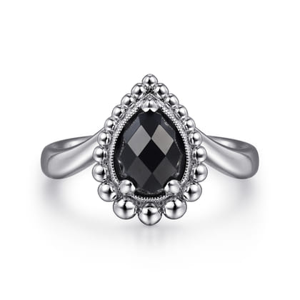 925 Sterling Silver Bujukan Pear Shape Onyx Chevron Ring