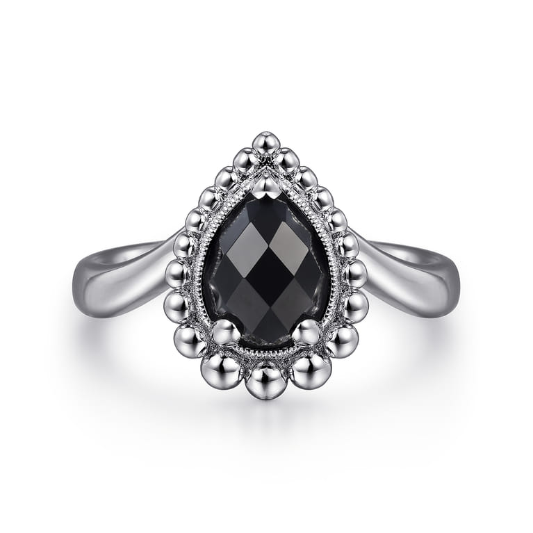 925 Sterling Silver Bujukan Pear Shape Onyx Chevron Ring - Shot 1