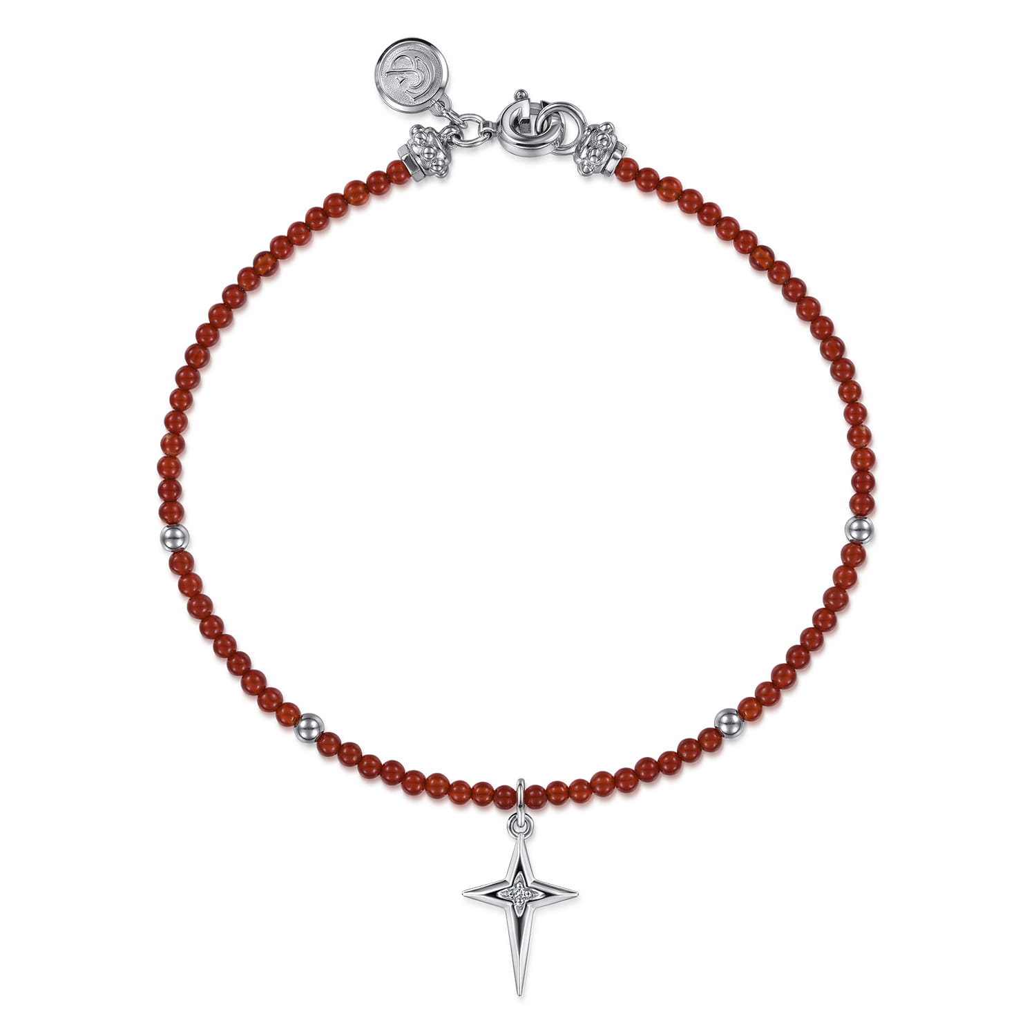 925 Sterling Silver Bujukan Red Agate Bead and White Sapphire Cross Charm Bracelet - Shot 1