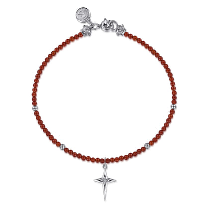 925 Sterling Silver Bujukan Red Agate Bead and White Sapphire Cross Charm Bracelet