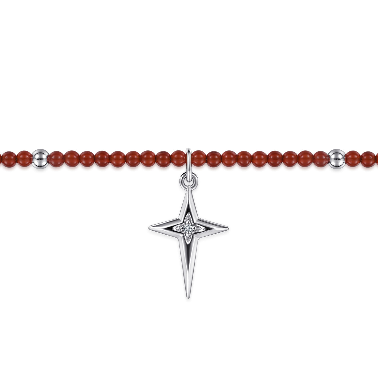 925 Sterling Silver Bujukan Red Agate Bead and White Sapphire Cross Charm Bracelet - Shot 2