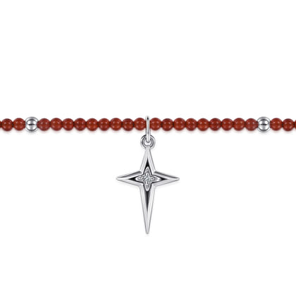 925 Sterling Silver Bujukan Red Agate Bead and White Sapphire Cross Charm Bracelet