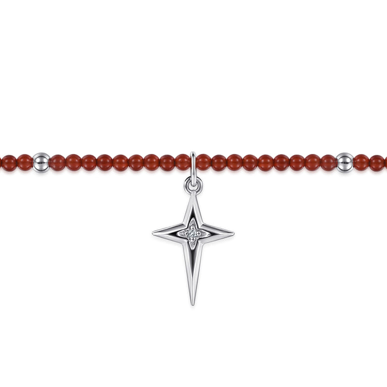 925 Sterling Silver Bujukan Red Agate Bead and White Sapphire Cross Charm Bracelet - Shot 2