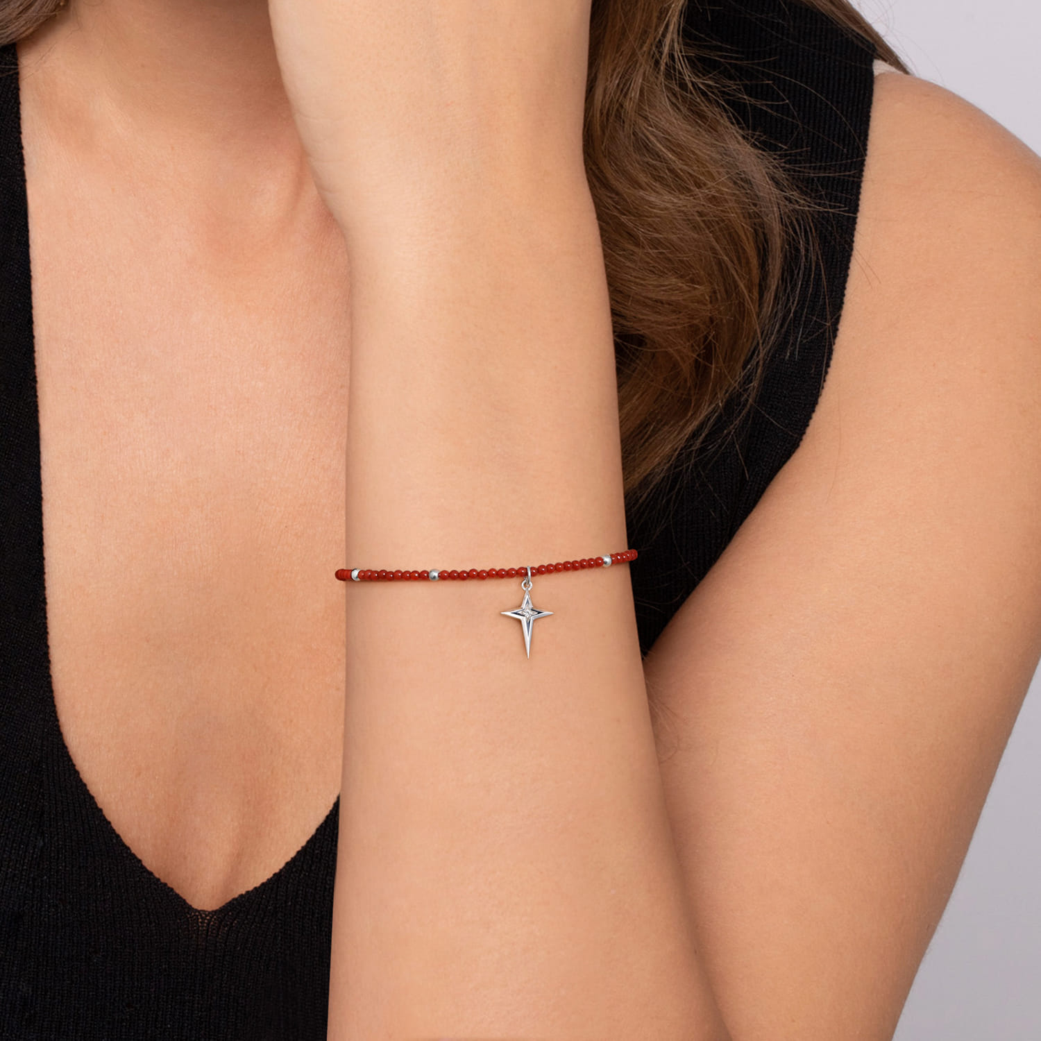 925 Sterling Silver Bujukan Red Agate Bead and White Sapphire Cross Charm Bracelet - Shot 3