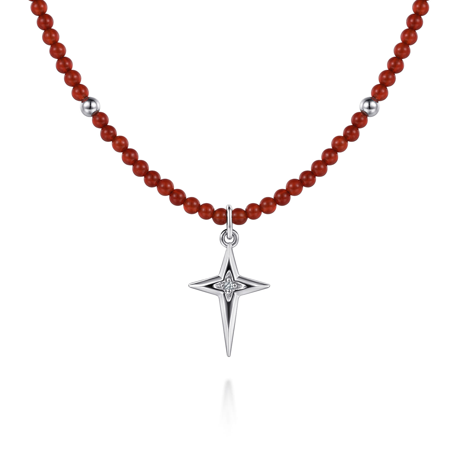 925 Sterling Silver Bujukan Red Agate Bead and White Sapphire Cross Charm Necklace - Shot 1