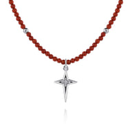 925 Sterling Silver Bujukan Red Agate Bead and White Sapphire Cross Charm Necklace