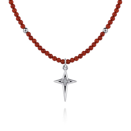 925 Sterling Silver Bujukan Red Agate Bead and White Sapphire Cross Charm Necklace