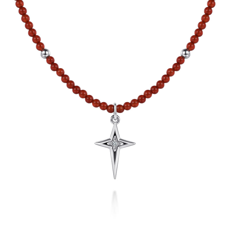 925 Sterling Silver Bujukan Red Agate Bead and White Sapphire Cross Charm Necklace - Shot 1