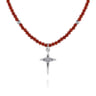 925 Sterling Silver Bujukan Red Agate Bead and White Sapphire Cross Charm Necklace