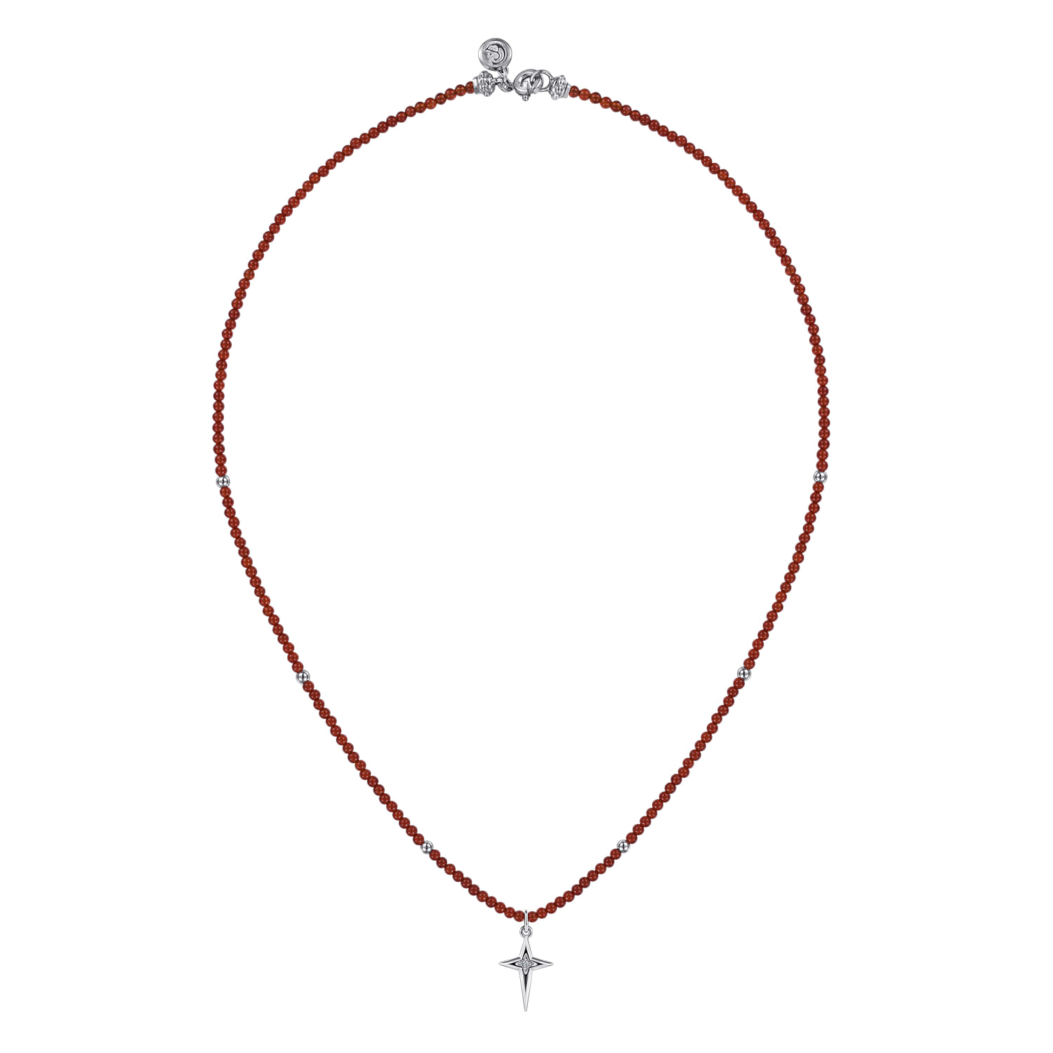 925 Sterling Silver Bujukan Red Agate Bead and White Sapphire Cross Charm Necklace - Shot 2