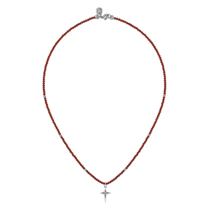 925 Sterling Silver Bujukan Red Agate Bead and White Sapphire Cross Charm Necklace