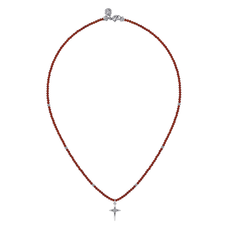 925 Sterling Silver Bujukan Red Agate Bead and White Sapphire Cross Charm Necklace - Shot 2