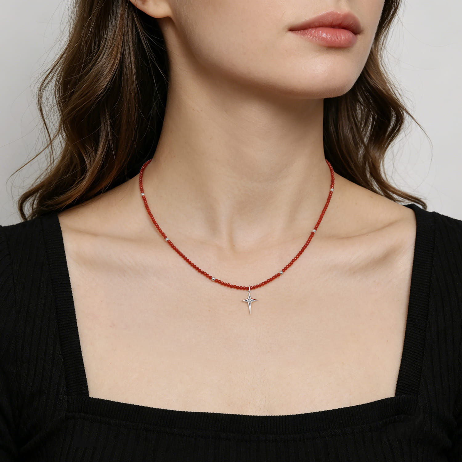 925 Sterling Silver Bujukan Red Agate Bead and White Sapphire Cross Charm Necklace - Shot 3