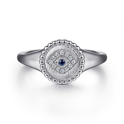 925 Sterling Silver Bujukan Signet Ring with Diamond and Sapphire Evil Eye