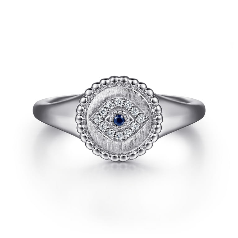 925 Sterling Silver Bujukan Signet Ring with Diamond and Sapphire Evil Eye - 0.05 ct - Shot 1
