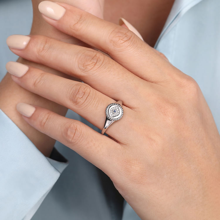 925 Sterling Silver Bujukan Signet Ring with Diamond and Sapphire Evil Eye