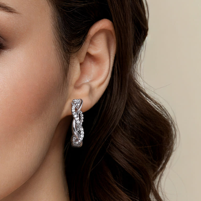 925 Sterling Silver Bujukan White Sapphire 30mm Twisted Intricate Hoop Earrings - Shot 3