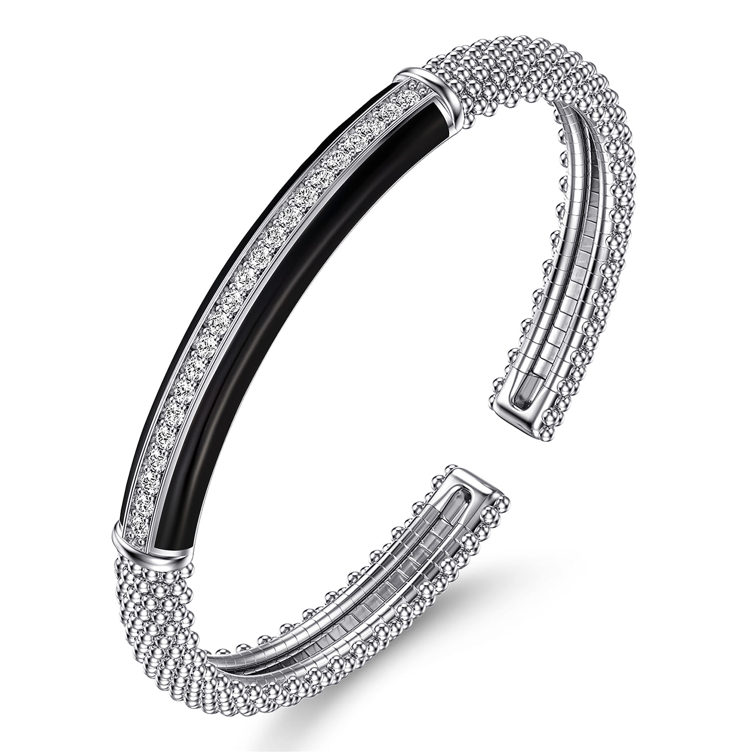 925 Sterling Silver Bujukan White Sapphire Bar Split Bangle with Black Enamel - Shot 2