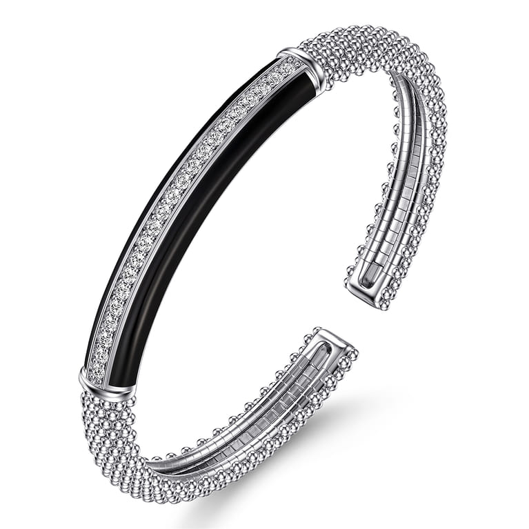 925 Sterling Silver Bujukan White Sapphire Bar Split Bangle with Black Enamel - Shot 2
