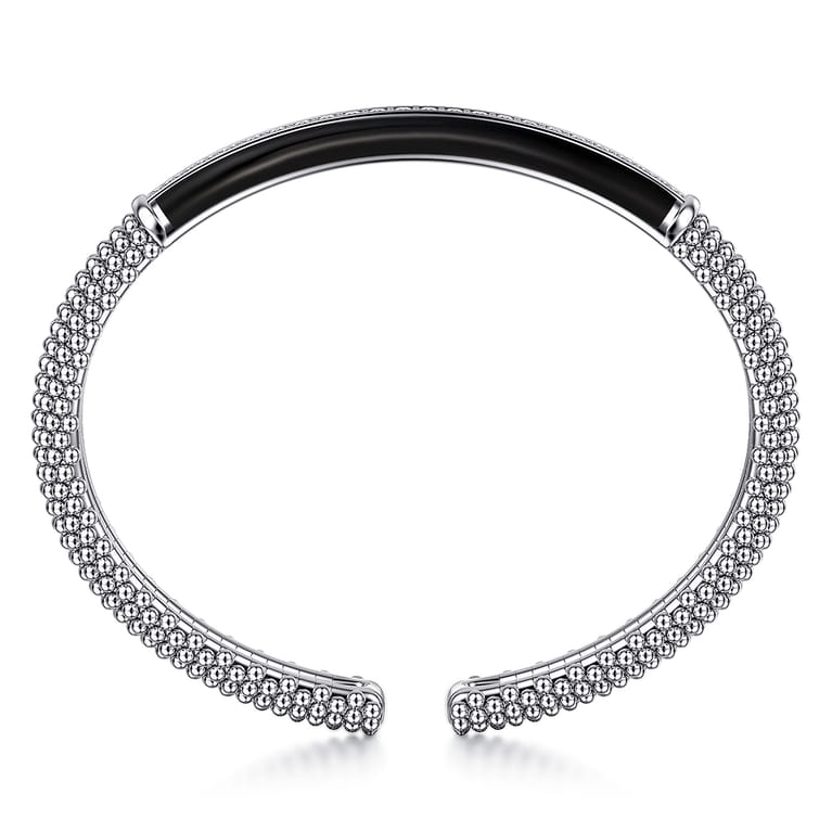 925 Sterling Silver Bujukan White Sapphire Bar Split Bangle with Black Enamel - Shot 3