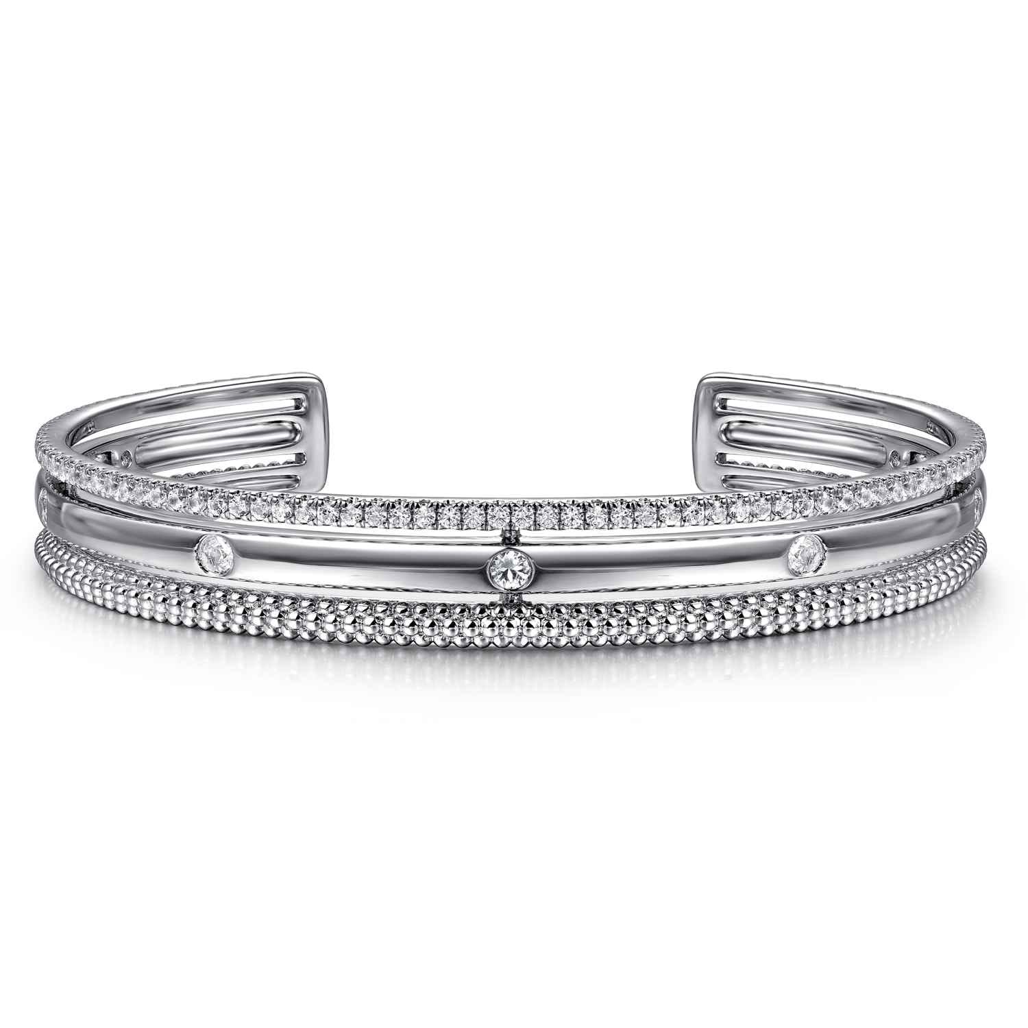 925 Sterling Silver Bujukan White Sapphire Multi Row Cuff Bracelet - Shot 1