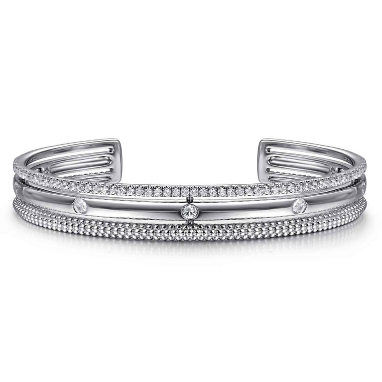 925 Sterling Silver Bujukan White Sapphire Multi Row Cuff Bracelet - Shot 1