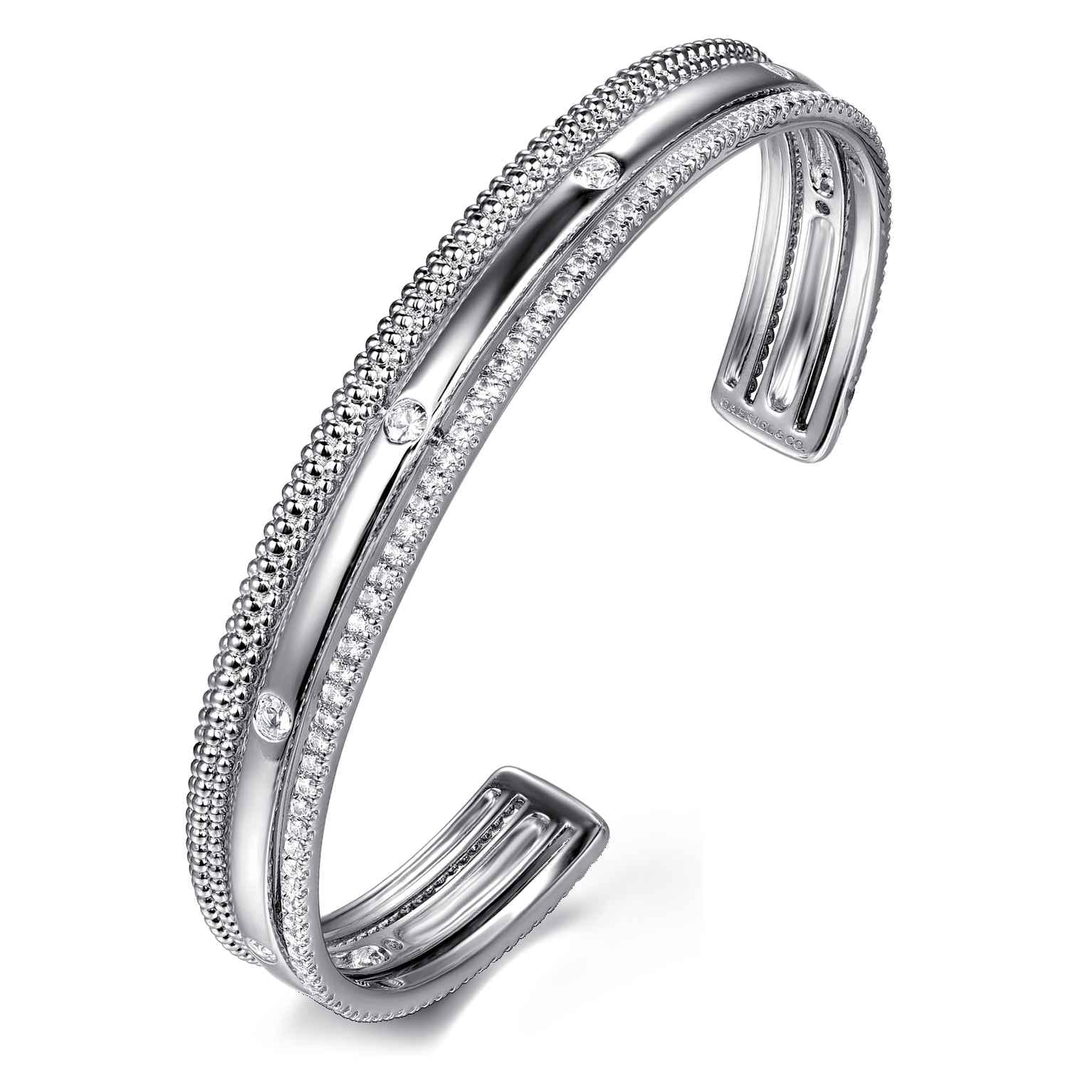 925 Sterling Silver Bujukan White Sapphire Multi Row Cuff Bracelet - Shot 2