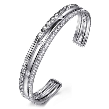 925 Sterling Silver Bujukan White Sapphire Multi Row Cuff Bracelet