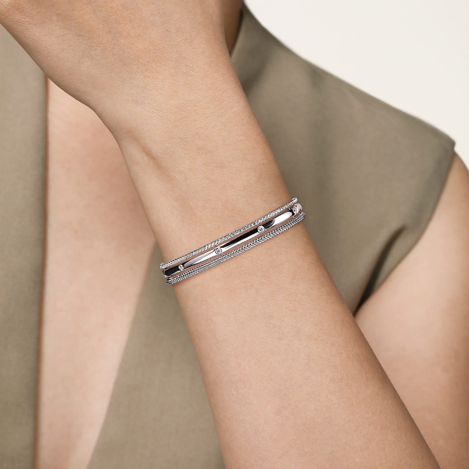 925 Sterling Silver Bujukan White Sapphire Multi Row Cuff Bracelet - Shot 4