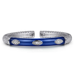 925 Sterling Silver Bujukan White Sapphire Split Bangle with Chrome Blue Enamel