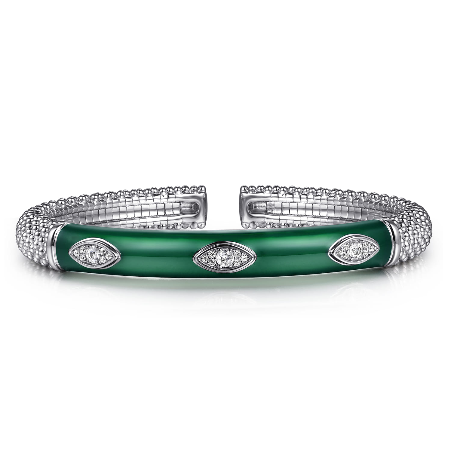 925 Sterling Silver Bujukan White Sapphire Split Bangle with Chrome Green Enamel - Shot 1