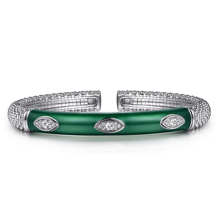 925 Sterling Silver Bujukan White Sapphire Split Bangle with Chrome Green Enamel - Shot 1