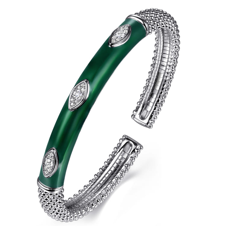 925 Sterling Silver Bujukan White Sapphire Split Bangle with Chrome Green Enamel - Shot 2