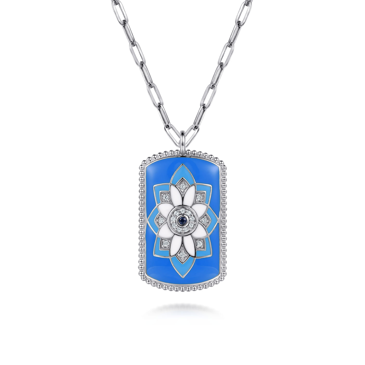 925 Sterling Silver Bujukan White Sapphire and Blue Sapphire Dog Tag Pendant Necklace with Blue and Dust Blue and White Enamel