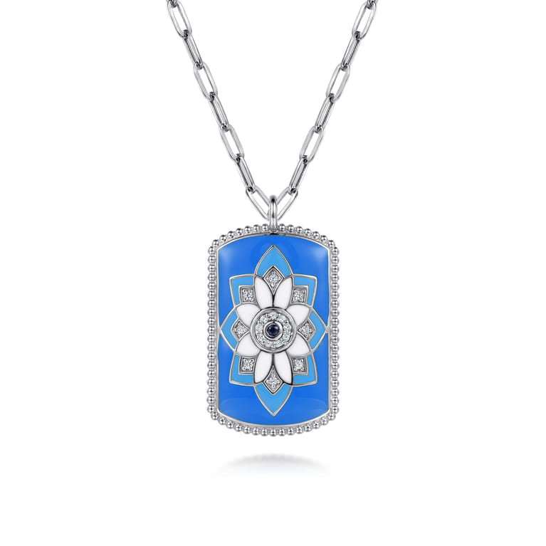 925 Sterling Silver Bujukan White Sapphire and Blue Sapphire Dog Tag Pendant Necklace with Blue and Dust Blue and White Enamel - Shot 1
