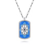 925 Sterling Silver Bujukan White Sapphire and Blue Sapphire Dog Tag Pendant Necklace with Blue and Dust Blue and White Enamel