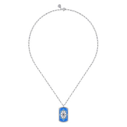 925 Sterling Silver Bujukan White Sapphire and Blue Sapphire Dog Tag Pendant Necklace with Blue and Dust Blue and White Enamel