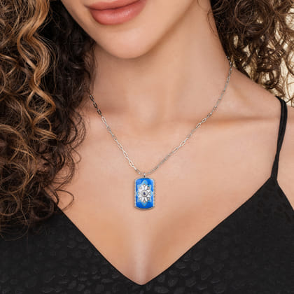 925 Sterling Silver Bujukan White Sapphire and Blue Sapphire Dog Tag Pendant Necklace with Blue and Dust Blue and White Enamel