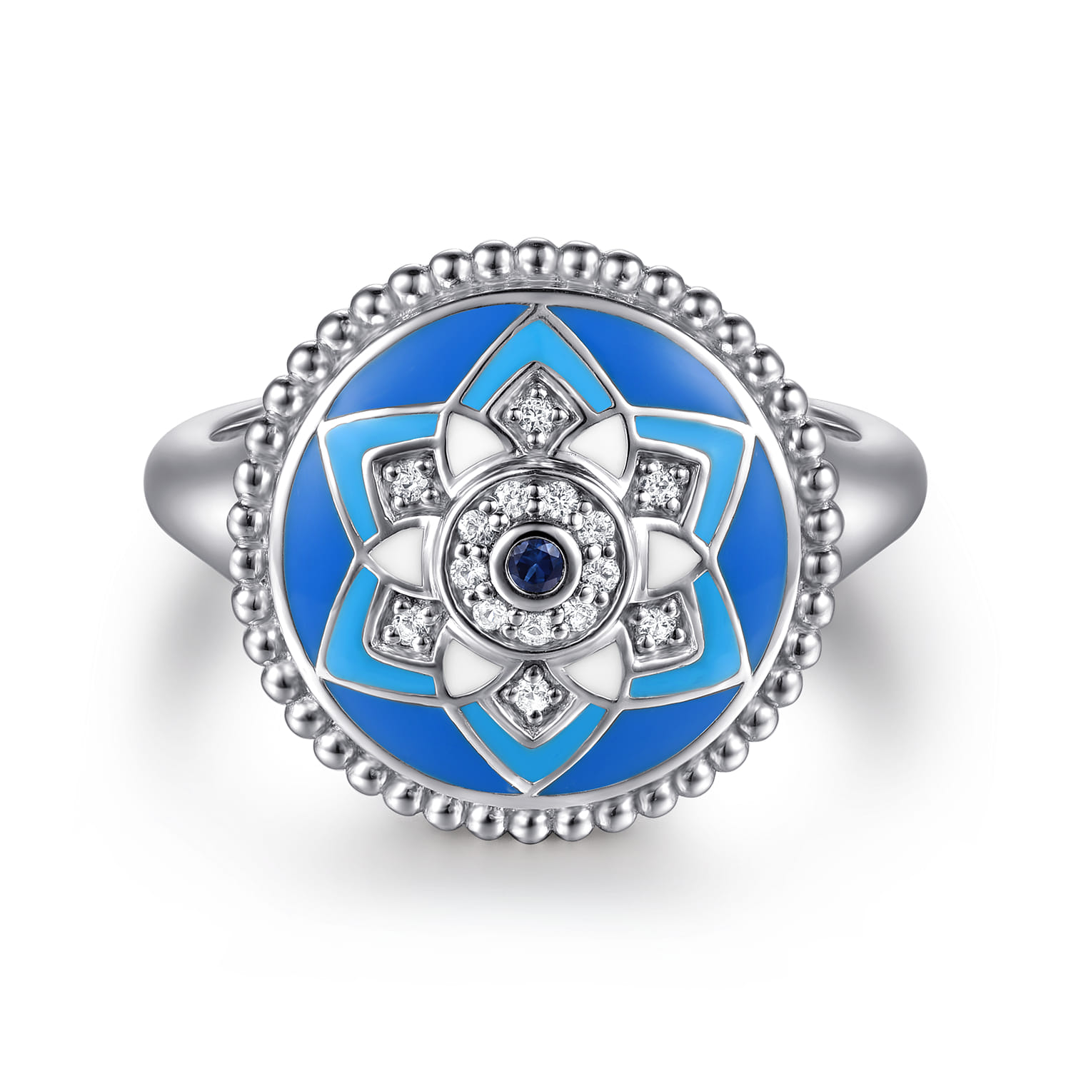 925 Sterling Silver Bujukan White Sapphire and Blue Sapphire Signet Ring with Blue and Dust Blue and White Enamel