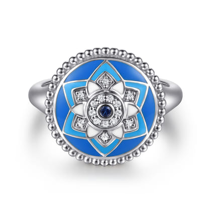 925 Sterling Silver Bujukan White Sapphire and Blue Sapphire Signet Ring with Blue and Dust Blue and White Enamel