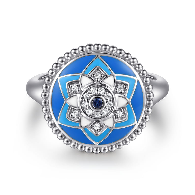 925 Sterling Silver Bujukan White Sapphire and Blue Sapphire Signet Ring with Blue and Dust Blue and White Enamel - Shot 1