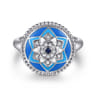 925 Sterling Silver Bujukan White Sapphire and Blue Sapphire Signet Ring with Blue and Dust Blue and White Enamel