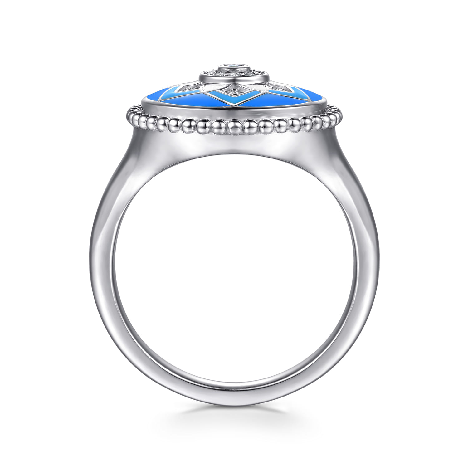 925 Sterling Silver Bujukan White Sapphire and Blue Sapphire Signet Ring with Blue and Dust Blue and White Enamel